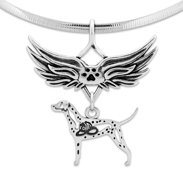 Dalmation Pet Loss Necklace with Angel Wing Charm Holder with Paw Print in Sterling Silver on Omega Chain.
