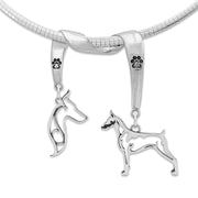 Doberman Pinscher Necklace Head and Body Designs on Paw Print Charm Holder in Sterling Silver on Omega Chain.