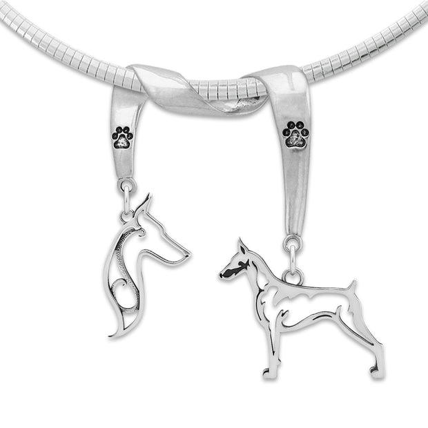 Doberman Pinscher Necklace Head and Body Designs on Paw Print Charm Holder in Sterling Silver on Omega Chain.