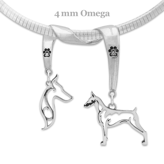 Doberman Pinscher Necklace Head and Body Designs on Paw Print Charm Holder in Sterling Silver on Omega Chain.