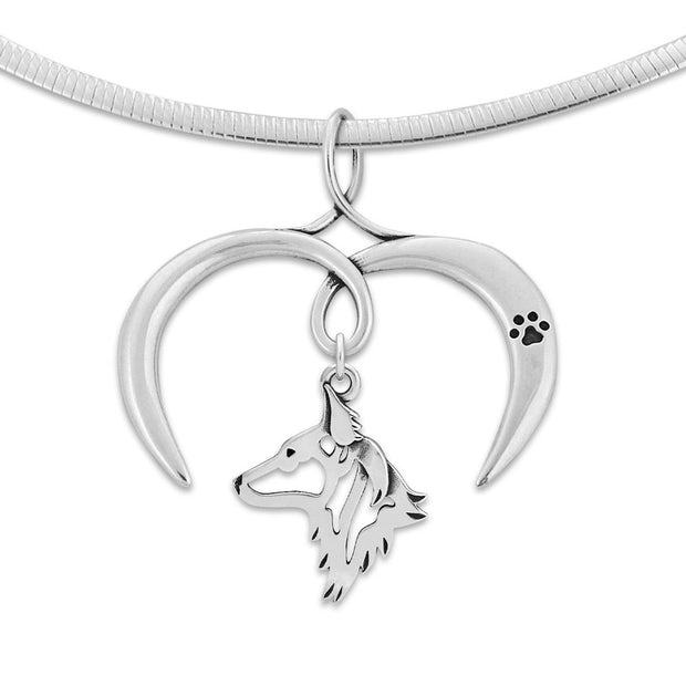 Dutch Shepherd Necklace with Open Heart Charm Holder with Paw Print in Sterling Silver on Omega Chain.