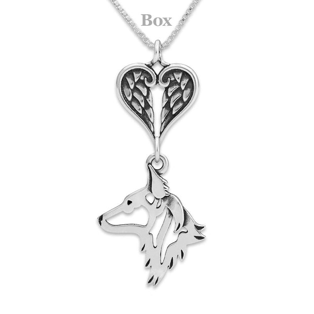 Dutch Shepherd Sympathy Gift Necklace with Heart Shaped Angel Wing Pendant in Sterling Silver on Box Chain.