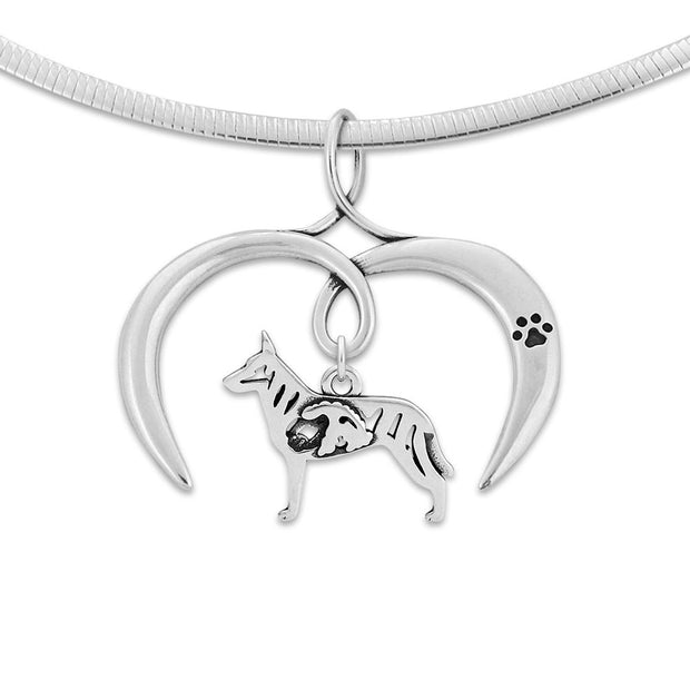 Dutch Shepherd Necklace with Open Heart Charm Holder with Paw Print in Sterling Silver on Omega Chain.