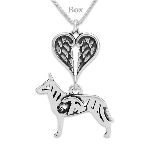 Dutch Shepherd Sympathy Gift Necklace with Heart Shaped Angel Wing Pendant in Sterling Silver on Box Chain.