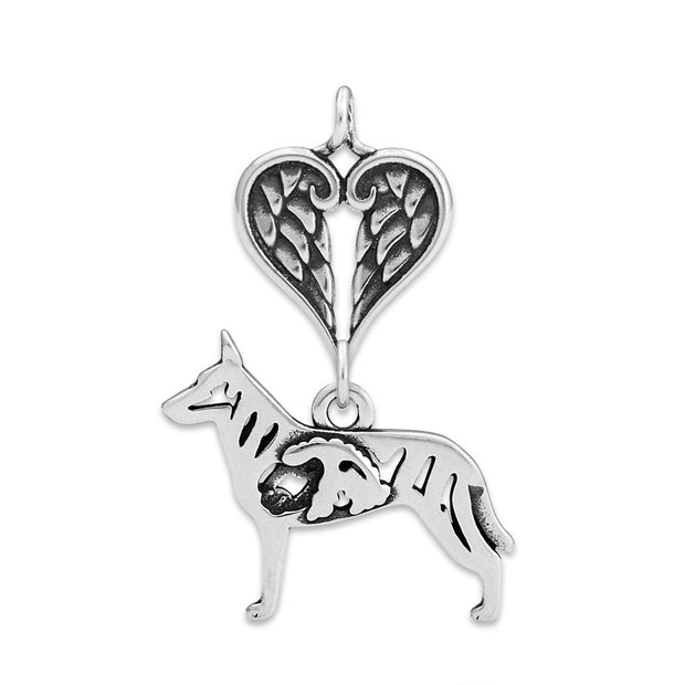 Dutch Shepherd Sympathy Gift Pendant with Heart Shaped Angel Wing Pendant in Sterling Silver.
