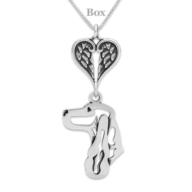 English Cocker Spaniel Sympathy Gift Necklace with Heart Shaped Angel Wing Pendant in Sterling Silver on Box Chain.