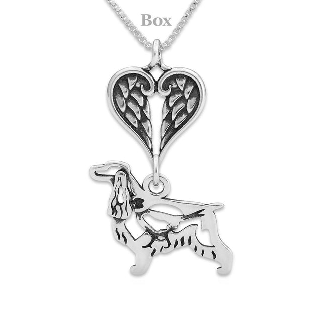 English Cocker Spaniel Sympathy Gift Necklace with Heart Shaped Angel Wing Pendant in Sterling Silver on Box Chain.