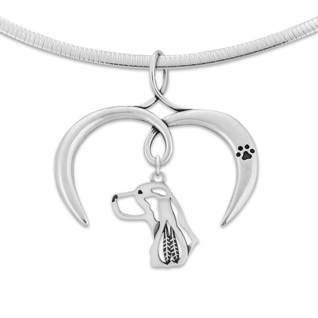 English Springer Spaniel Necklace with Open Heart Charm Holder with Paw Print in Sterling Silver on Omega Chain.
