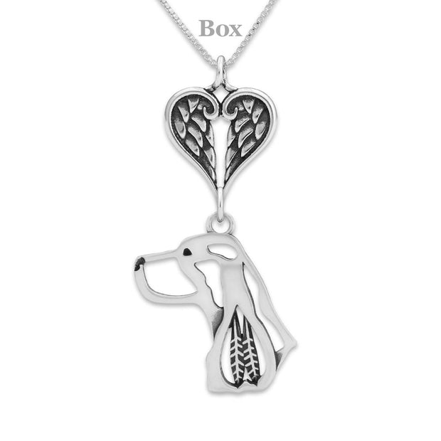English Springer Spaniel Sympathy Gift Necklace with Heart Shaped Angel Wing Pendant in Sterling Silver on Box Chain.