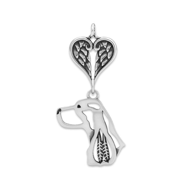 English Springer Spaniel Sympathy Gift Pendant with Heart Shaped Angel Wing Pendant in Sterling Silver.