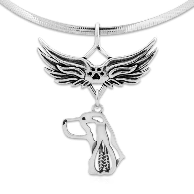 English Springer Spaniel Pet Loss Necklace with Angel Wing Charm Holder with Paw Print in Sterling Silver on Omega Chain.