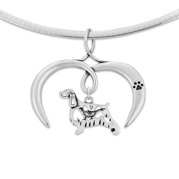 English Springer Spaniel Necklace with Open Heart Charm Holder with Paw Print in Sterling Silver on Omega Chain.