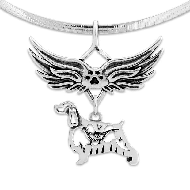 English Springer Spaniel Pet Loss Necklace with Angel Wing Charm Holder with Paw Print in Sterling Silver on Omega Chain.