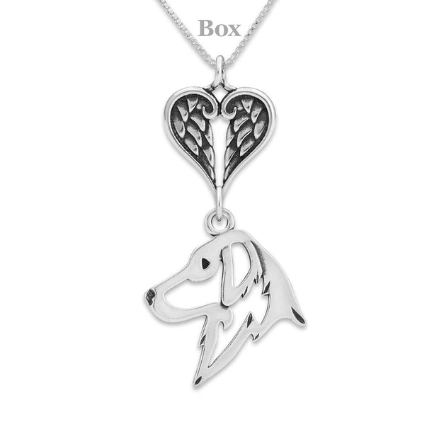 Flat-Coated Retriever Sympathy Gift Necklace with Heart Shaped Angel Wing Pendant in Sterling Silver on Box Chain.