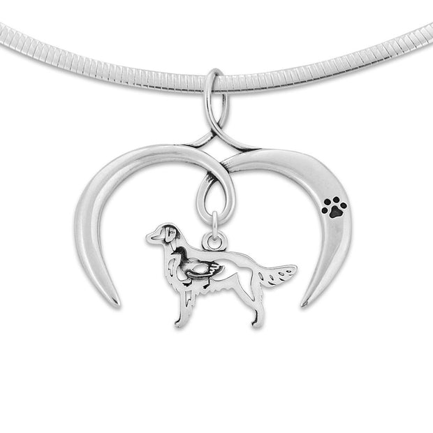 Flat-Coated Retriever Necklace with Open Heart Charm Holder with Paw Print in Sterling Silver on Omega Chain.