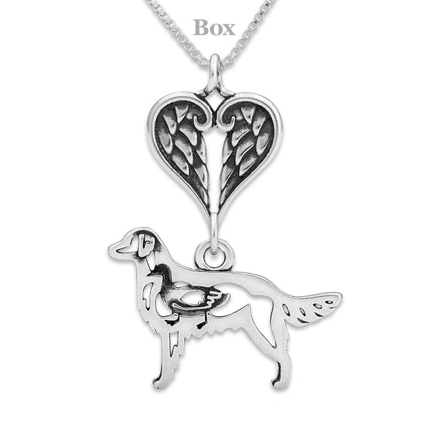 Flat-Coated Retriever Sympathy Gift Necklace with Heart Shaped Angel Wing Pendant in Sterling Silver on Box Chain.