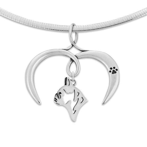 French Bulldog Necklace with Open Heart Charm Holder with Paw Print in Sterling Silver on Omega Chain.
