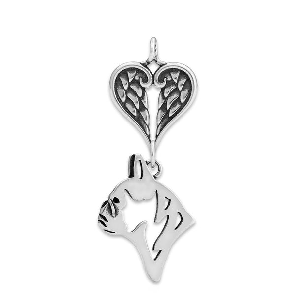 French Bulldog Sympathy Gift Pendant with Heart Shaped Angel Wing Pendant in Sterling Silver.