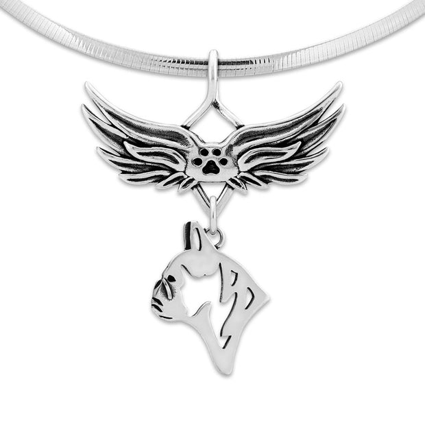 French Bulldog Pet Loss Necklace with Angel Wing Charm Holder with Paw Print in Sterling Silver on Omega Chain.