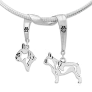 French Bulldog Necklace Head and Body Designs on Paw Print Charm Holder in Sterling Silver on Omega Chain.