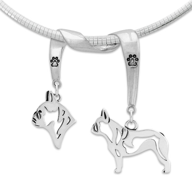 French Bulldog Necklace Head and Body Designs on Paw Print Charm Holder in Sterling Silver on Omega Chain.