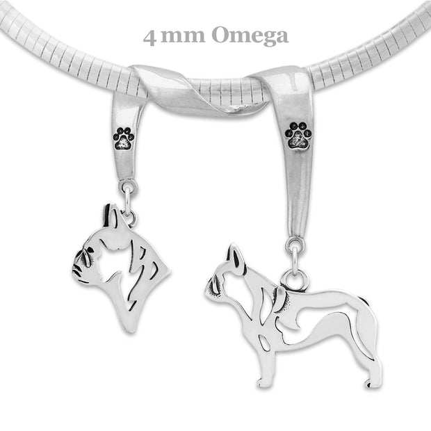 French Bulldog Necklace Head and Body Designs on Paw Print Charm Holder in Sterling Silver on Omega Chain.