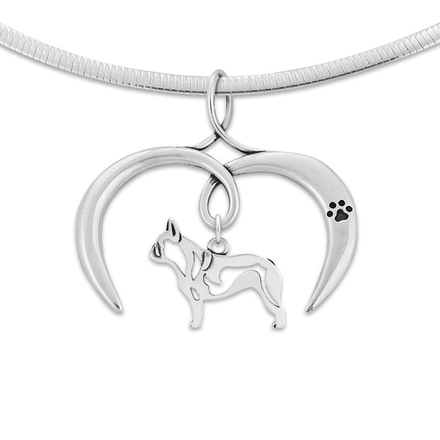 French Bulldog Necklace with Open Heart Charm Holder with Paw Print in Sterling Silver on Omega Chain.
