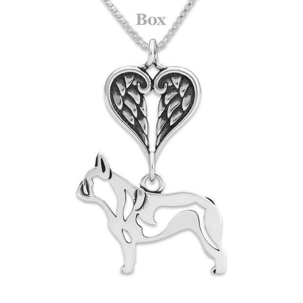 French Bulldog Sympathy Gift Necklace with Heart Shaped Angel Wing Pendant in Sterling Silver on Box Chain.