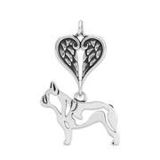 French Bulldog Sympathy Gift Pendant with Heart Shaped Angel Wing Pendant in Sterling Silver.