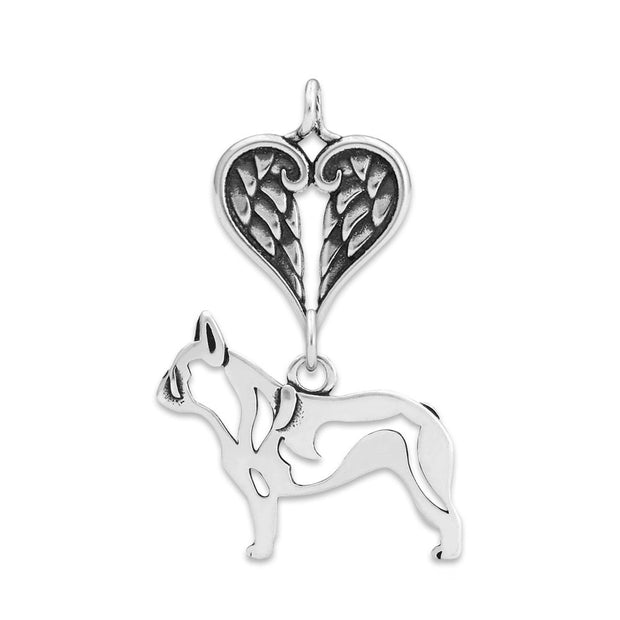 French Bulldog Sympathy Gift Pendant with Heart Shaped Angel Wing Pendant in Sterling Silver.