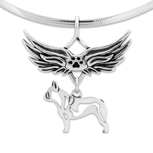 French Bulldog Pet Loss Necklace with Angel Wing Charm Holder with Paw Print in Sterling Silver on Omega Chain.