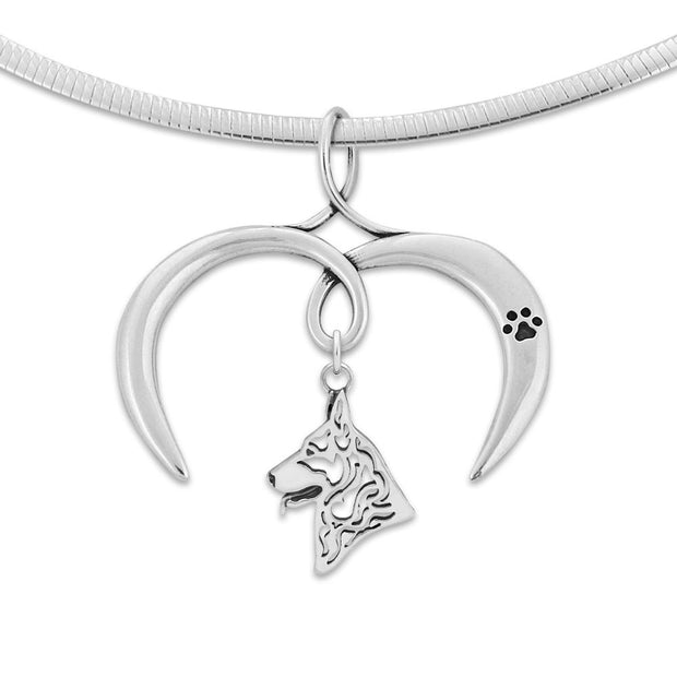 German Shepherd Necklace with Open Heart Charm Holder with Paw Print in Sterling Silver on Omega Chain.