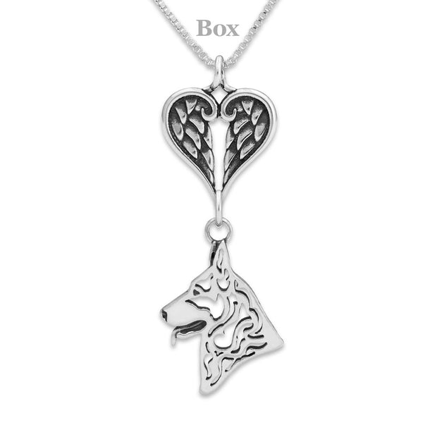 German Shepherd Dog Sympathy Gift Necklace with Heart Shaped Angel Wing Pendant in Sterling Silver on Box Chain.