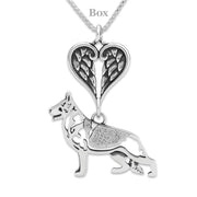German Shepherd Dog Sympathy Gift Necklace with Heart Shaped Angel Wing Pendant in Sterling Silver on Box Chain.