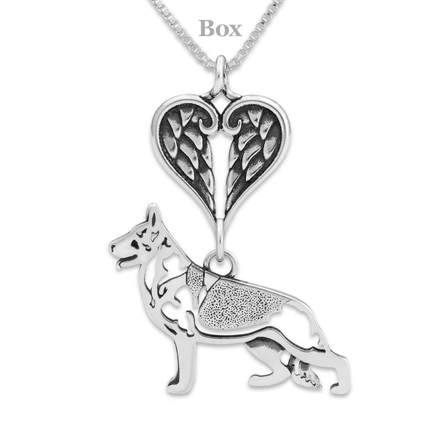 German Shepherd Dog Sympathy Gift Necklace with Heart Shaped Angel Wing Pendant in Sterling Silver on Box Chain.