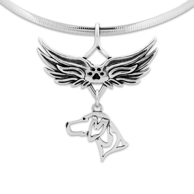 German Shorthaired Pointer Pet Loss Necklace with Angel Wing Charm Holder with Paw Print in Sterling Silver on Omega Chain.