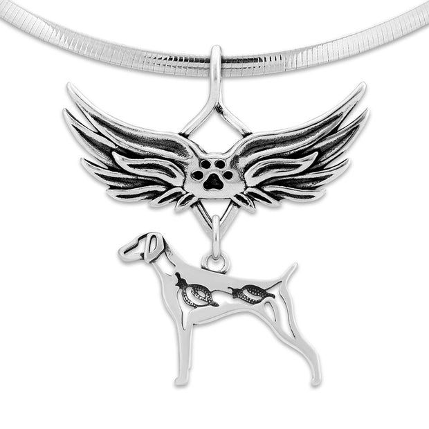 German Shorthaired Pointer Pet Loss Necklace with Angel Wing Charm Holder with Paw Print in Sterling Silver on Omega Chain.