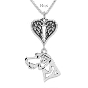 German Wirehaired Pointer Sympathy Gift Necklace with Heart Shaped Angel Wing Pendant in Sterling Silver on Box Chain.