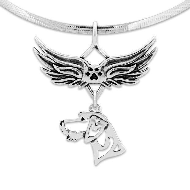German Wirehaired Pointer Pet Loss Necklace with Angel Wing Charm Holder with Paw Print in Sterling Silver on Omega Chain.
