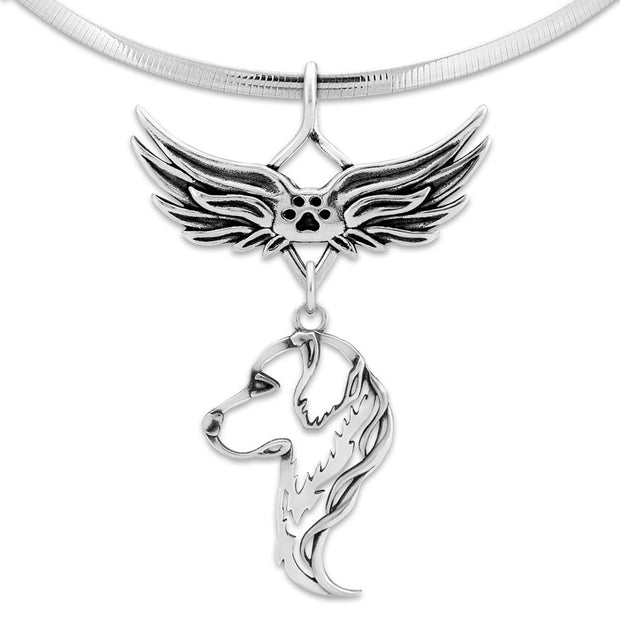 Golden Retriever Pet Loss Necklace with Angel Wing Charm Holder with Paw Print in Sterling Silver on Omega Chain.