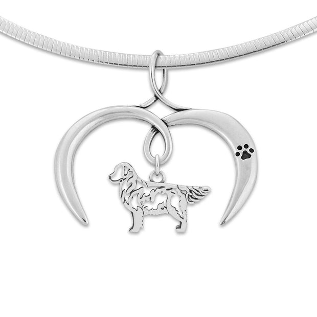 Golden Retriever Necklace with Open Heart Charm Holder with Paw Print in Sterling Silver on Omega Chain.