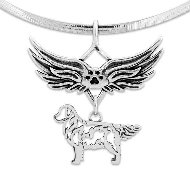 Golden Retriever Pet Loss Necklace with Angel Wing Charm Holder with Paw Print in Sterling Silver on Omega Chain.