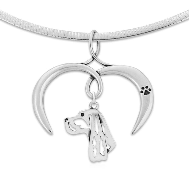 Gordon Setter Necklace with Open Heart Charm Holder with Paw Print in Sterling Silver on Omega Chain.