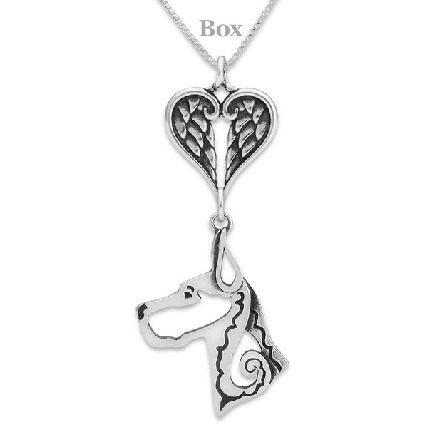 Great Dane Sympathy Gift Necklace with Heart Shaped Angel Wing Pendant in Sterling Silver on Box Chain.