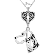Great Dane Sympathy Gift Necklace with Heart Shaped Angel Wing Pendant in Sterling Silver on Box Chain. 