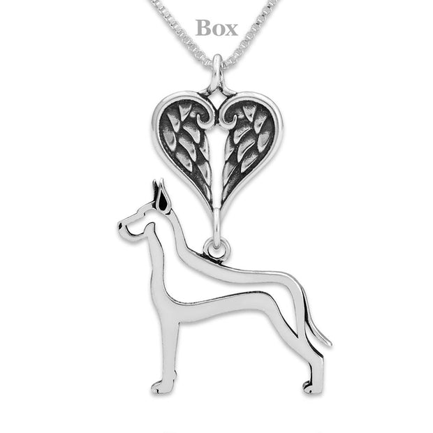 Great Dane Sympathy Gift Necklace with Heart Shaped Angel Wing Pendant in Sterling Silver on Box Chain.
