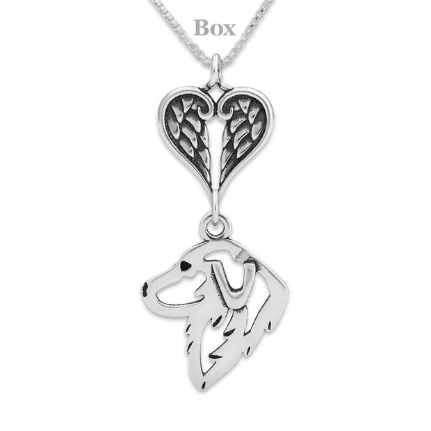 Great Pyrenees Sympathy Gift Necklace with Heart Shaped Angel Wing Pendant in Sterling Silver on Box Chain.