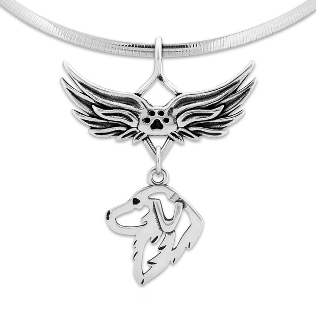Great Pyrenees Pet Loss Necklace with Angel Wing Charm Holder with Paw Print in Sterling Silver on Omega Chain.