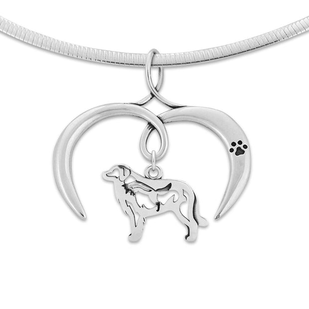 Great Pyrenees Necklace with Open Heart Charm Holder with Paw Print in Sterling Silver on Omega Chain.