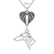 Greyhound Sympathy Gift Necklace with Heart Shaped Angel Wing Pendant in Sterling Silver on Box Chain.
